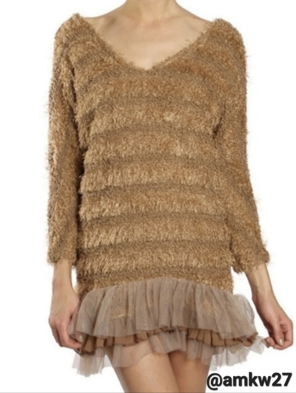 NWT Ryu Long V-neck Sweater w/ Tulle & Chiffon Ruffle Hem Dolman Sleeves